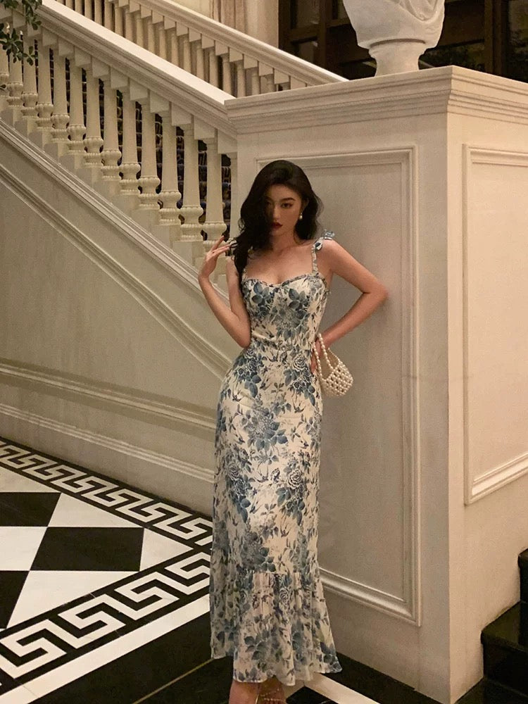 Cute A line Spaghetti Straps Mid Length Floral Blue Prom Dresses Birthday Outfits