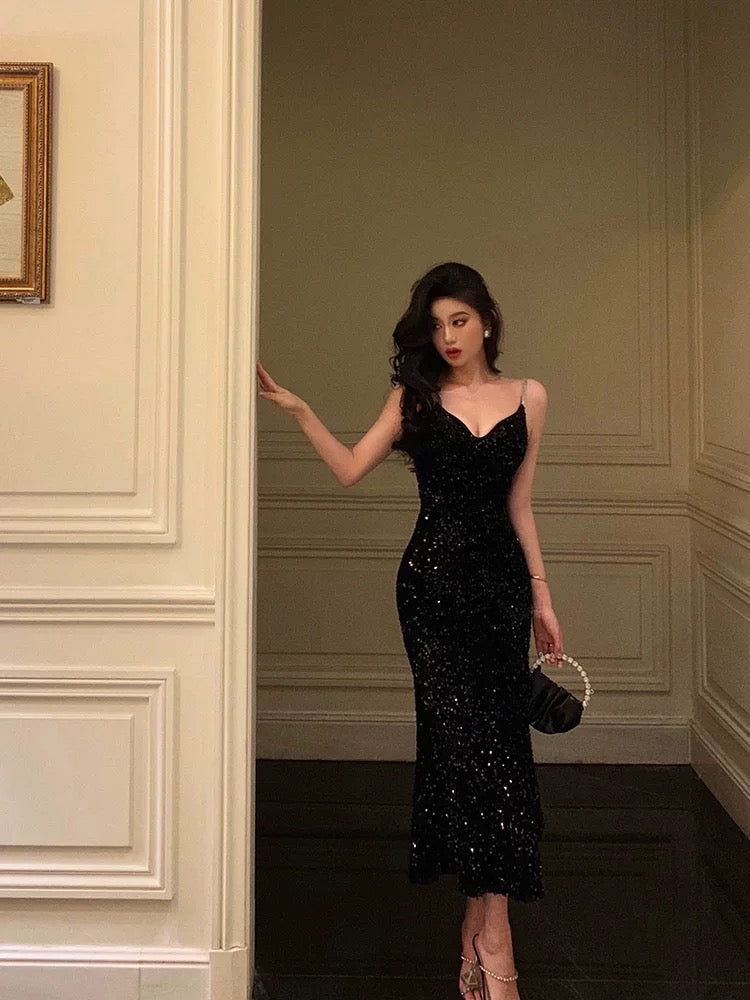 Sexy Mermaid Spaghetti Straps Black Sequin Prom Dresses Birthday Outfits