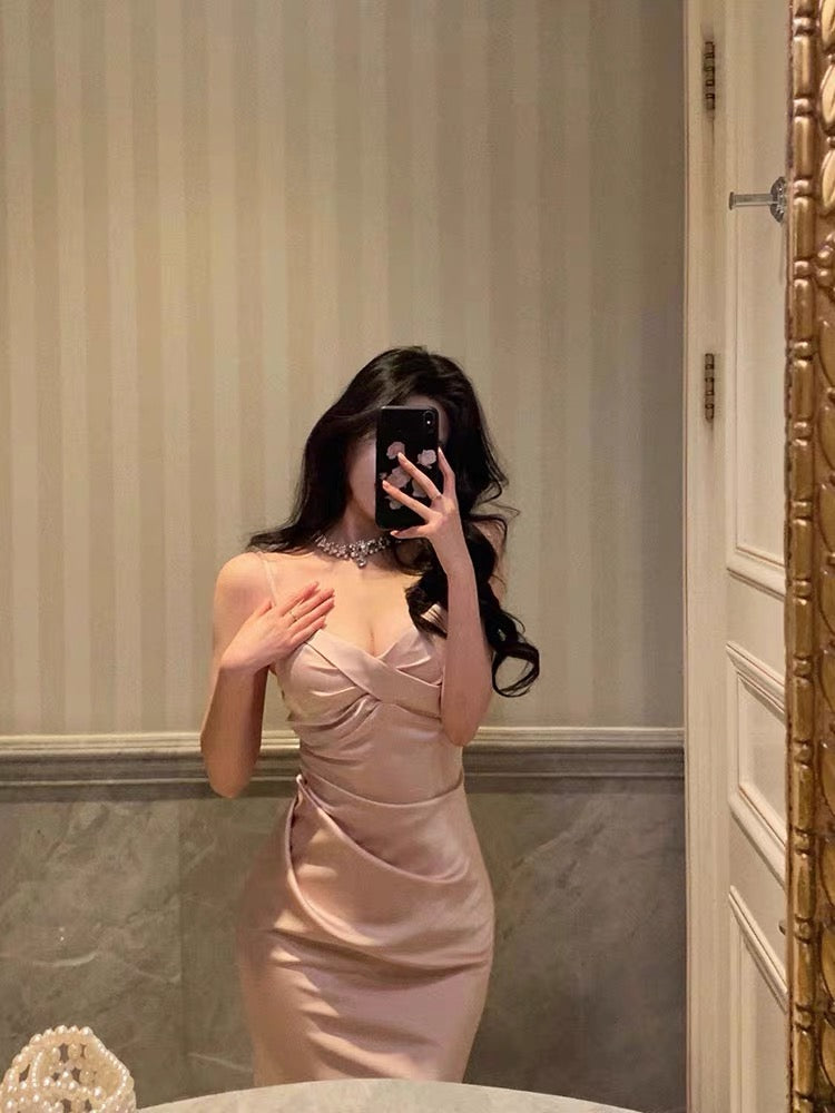 Sexy Mermaid Spaghetti Straps Pink Satin Ankle Length Prom Dresses Birthday Outfits