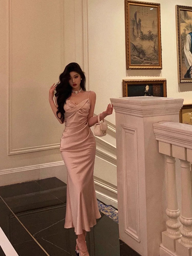 Sexy Mermaid Spaghetti Straps Pink Satin Ankle Length Prom Dresses Birthday Outfits