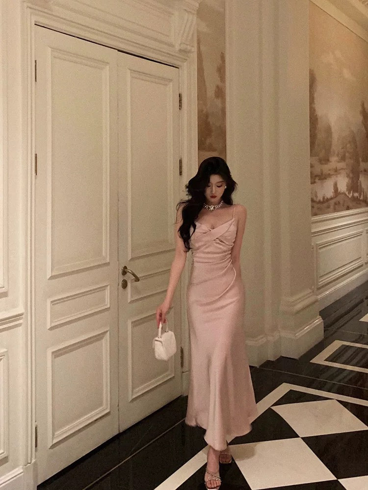 Sexy Mermaid Spaghetti Straps Pink Satin Ankle Length Prom Dresses Birthday Outfits