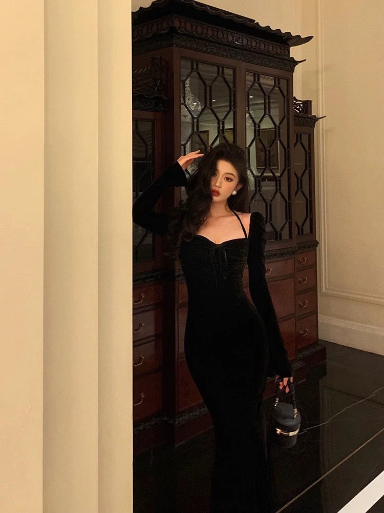 Sexy Mermaid Halter Long Sleeves Velvet Black Prom Dresses Birthday Outfits