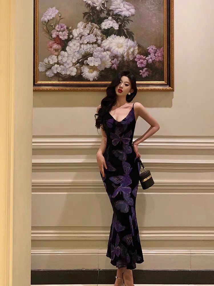 Sexy Sheath Spaghetti Straps Floral Grape Butterfly Fold Long Prom Dresses Birthday Outfits