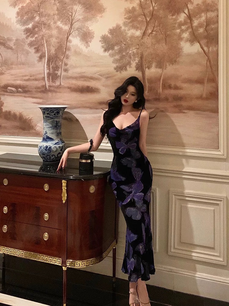 Sexy Sheath Spaghetti Straps Floral Grape Butterfly Fold Long Prom Dresses Birthday Outfits