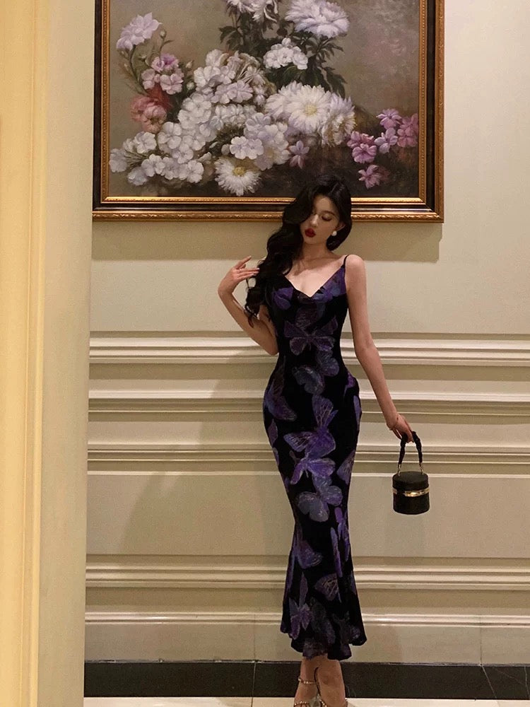 Sexy Sheath Spaghetti Straps Floral Grape Butterfly Fold Long Prom Dresses Birthday Outfits