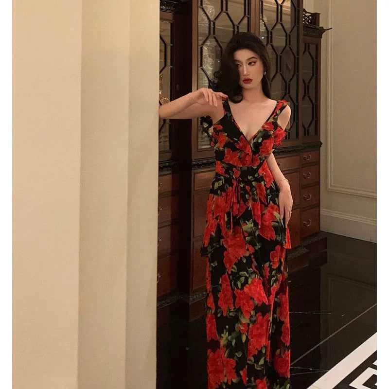 Sexy A Line Straps Sleeveless Red Floral Ruffle Chiffon Prom Dresses Birthday Outfits