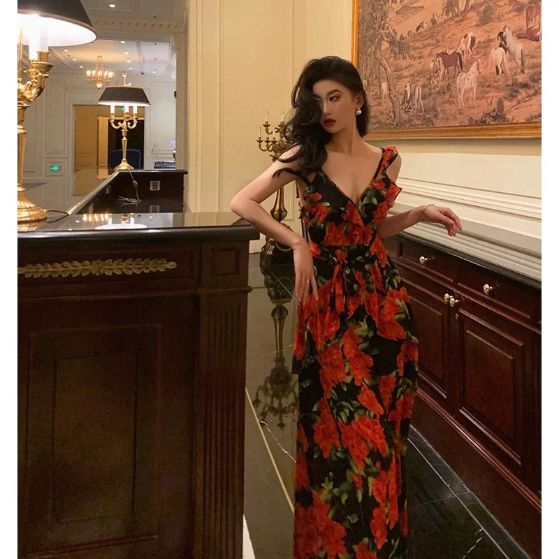 Sexy A Line Straps Sleeveless Red Floral Ruffle Chiffon Prom Dresses Birthday Outfits