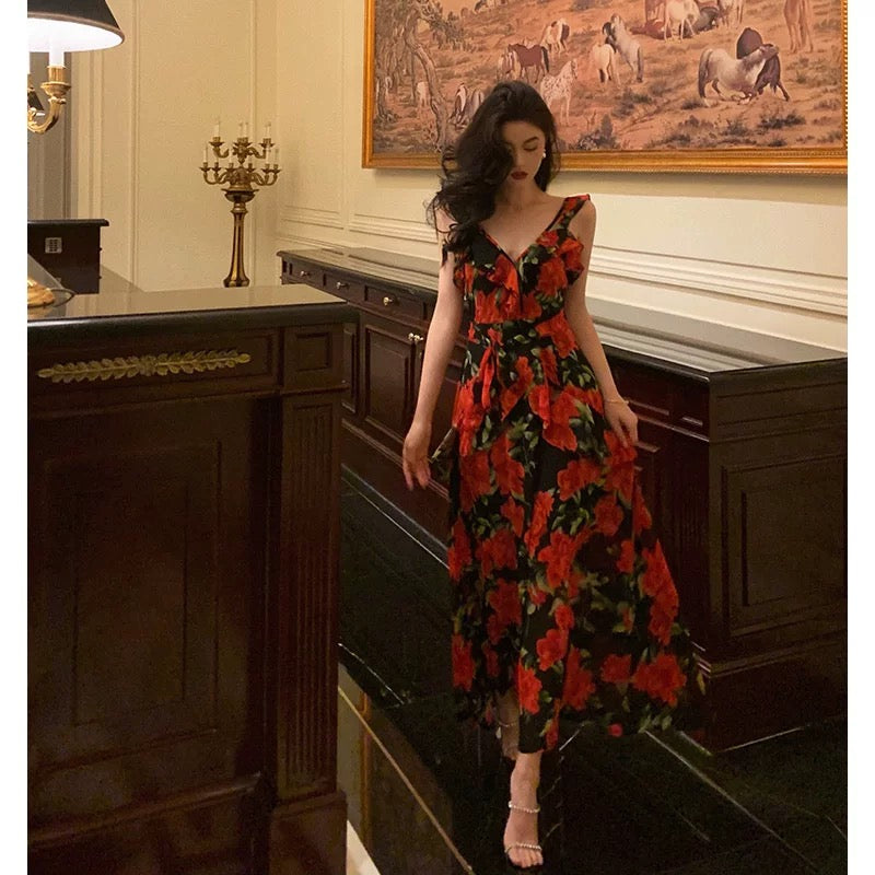 Sexy A Line Straps Sleeveless Red Floral Ruffle Chiffon Prom Dresses Birthday Outfits