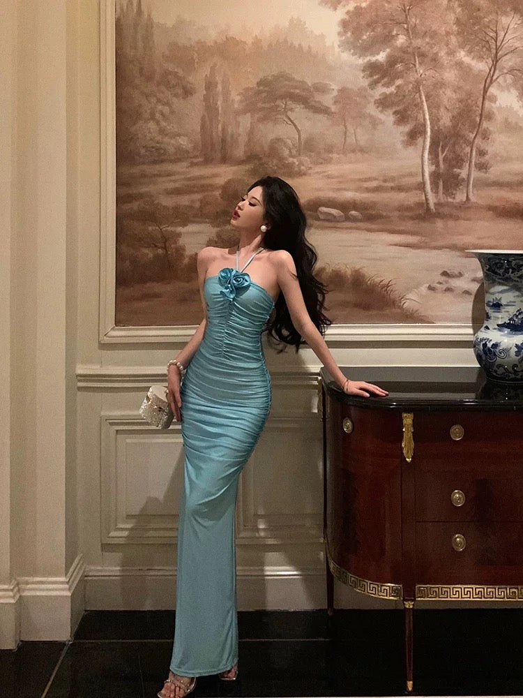 Sexy Sheath Halter Blue Fold Long Prom Dresses Birthday Outfits