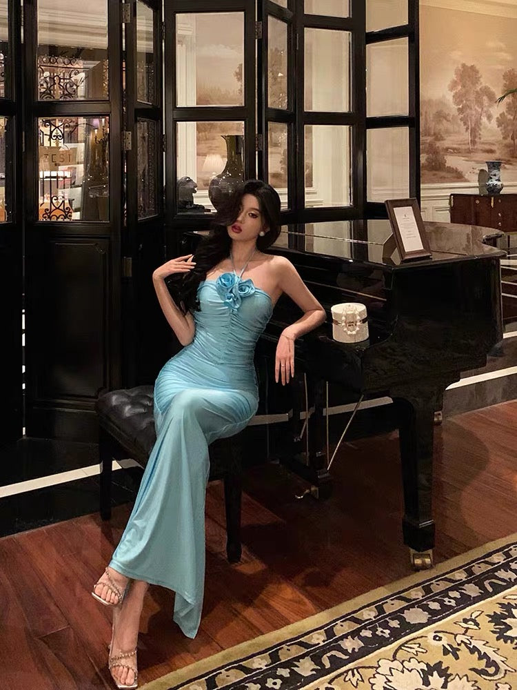 Sexy Sheath Halter Blue Fold Long Prom Dresses Birthday Outfits