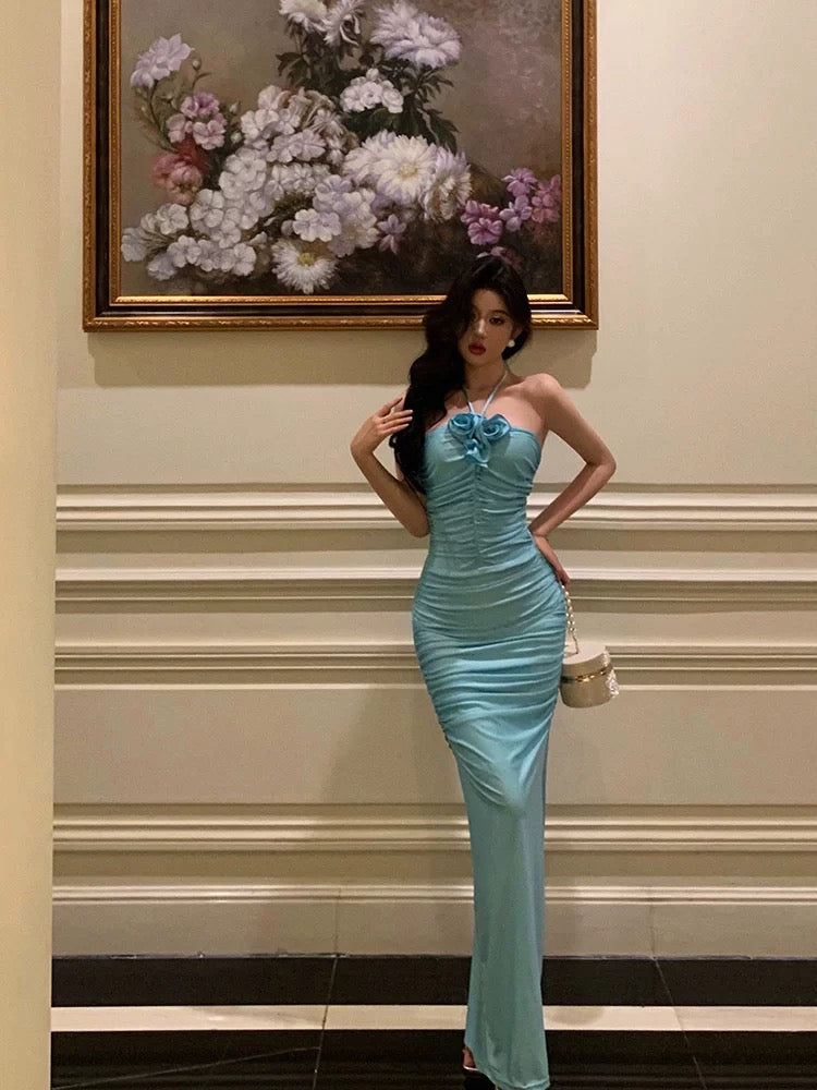 Sexy Sheath Halter Blue Fold Long Prom Dresses Birthday Outfits