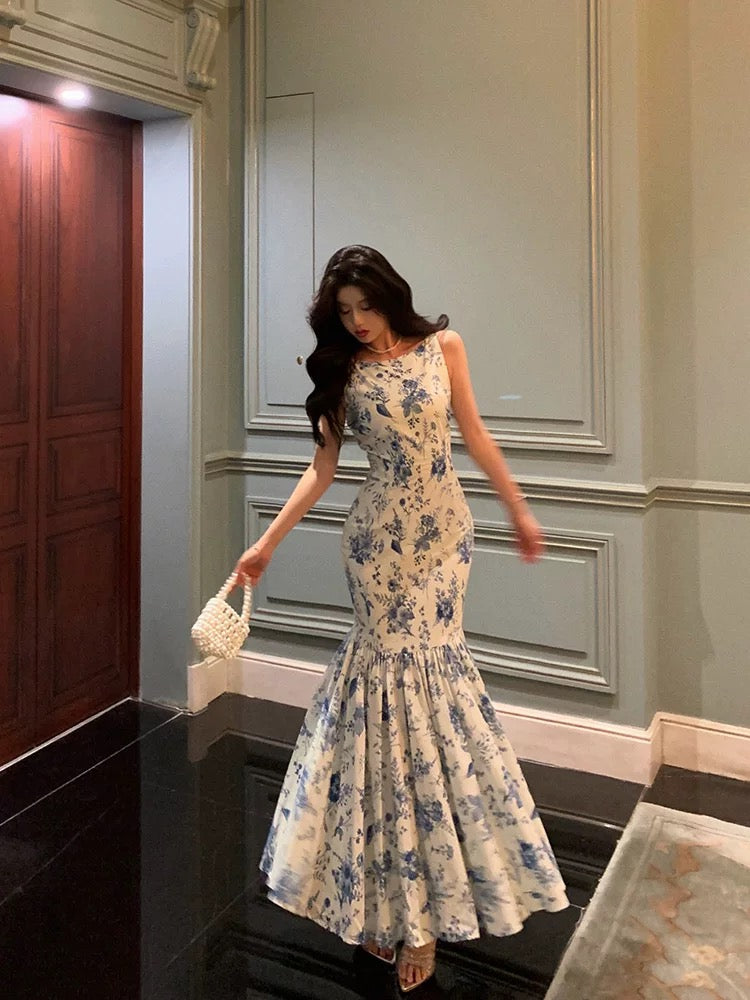 Sexy Sheath Boat Sleeveless Blue Floral Ruffle Long Prom Dresses Birthday Outfits