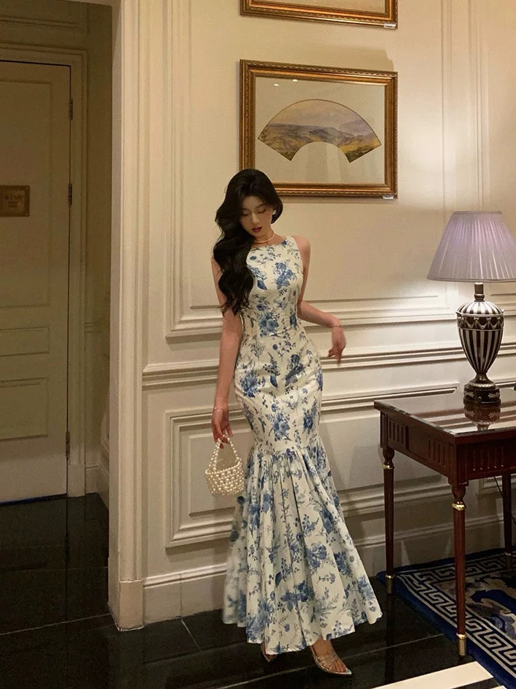 Sexy Sheath Boat Sleeveless Blue Floral Ruffle Long Prom Dresses Birthday Outfits