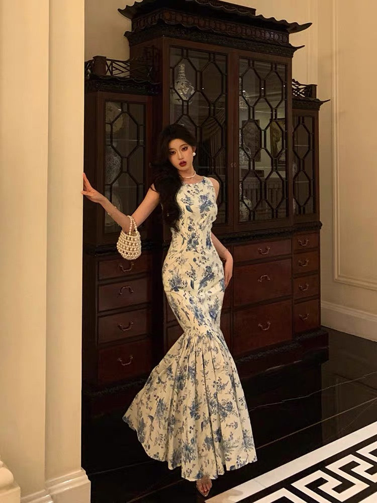 Sexy Sheath Boat Sleeveless Blue Floral Ruffle Long Prom Dresses Birthday Outfits