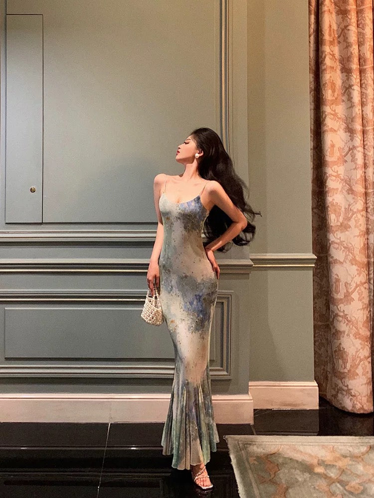 Sexy Sheath Spaghetti Straps Oil Painting Long Prom Dresses Birthday Outfits