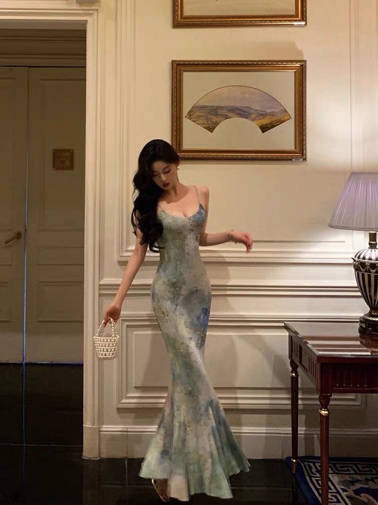 Sexy Sheath Spaghetti Straps Oil Painting Long Prom Dresses Birthday Outfits