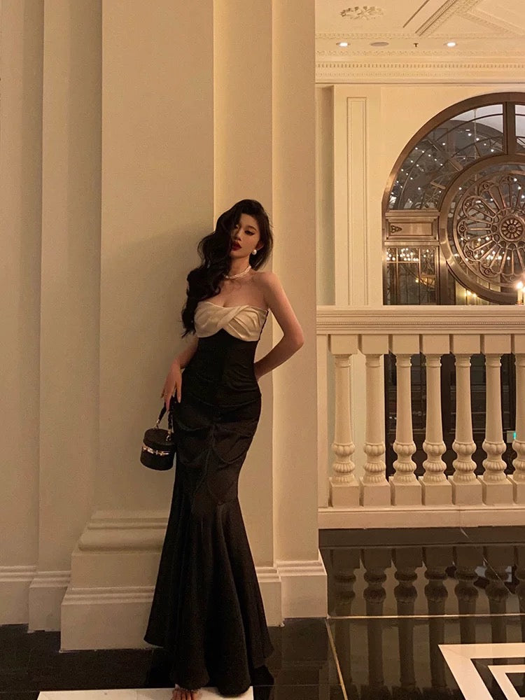 Sexy Mermaid Strapless Sleeveless Black Ankle Length Ruffle Prom Dresses Birthday Outfits