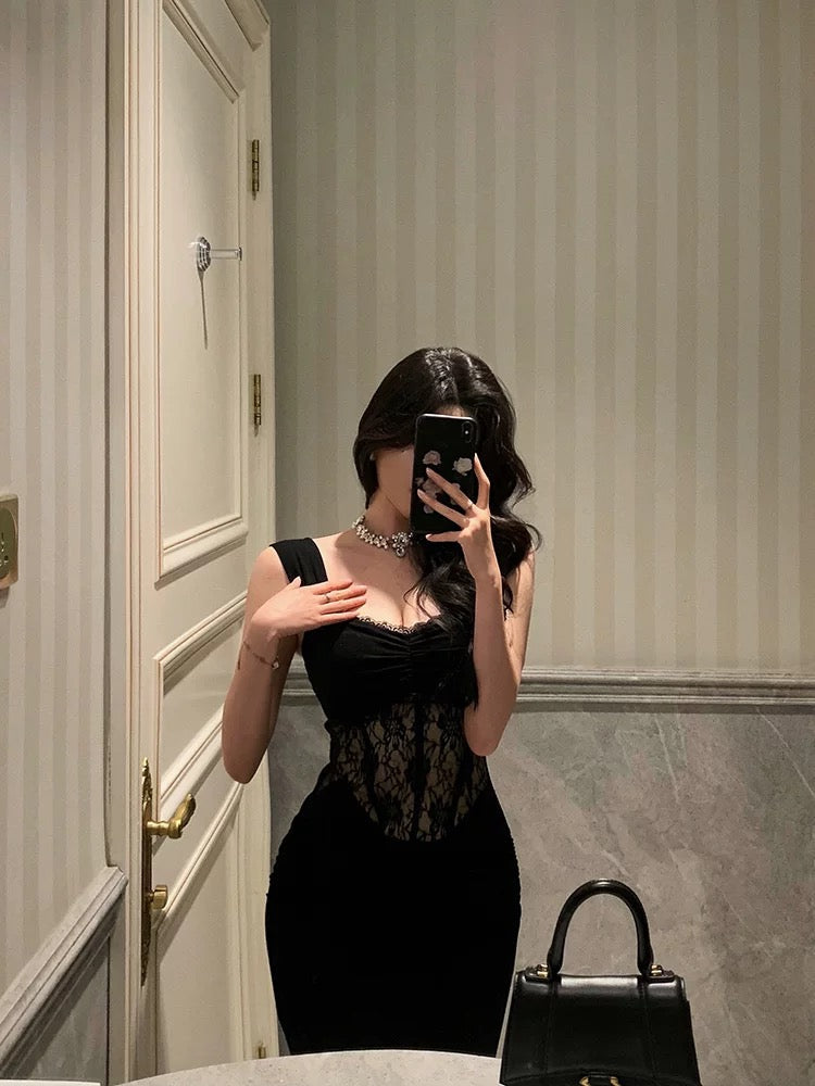 Sexy Sheath Straps Sleeveless Black Ankle Length Lace Prom Dresses Birthday Outfits