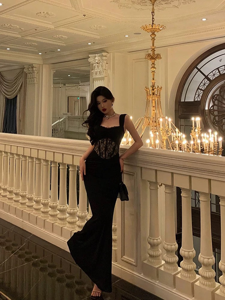 Sexy Sheath Straps Sleeveless Black Ankle Length Lace Prom Dresses Birthday Outfits