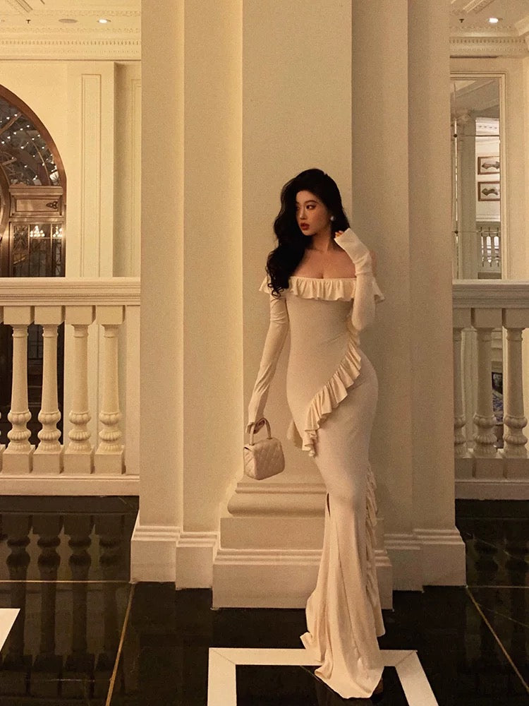 Sexy Mermaid Off The Shoulder White Long Sleeves Ankle Length Ruffle Prom Dresses Birthday Outfits
