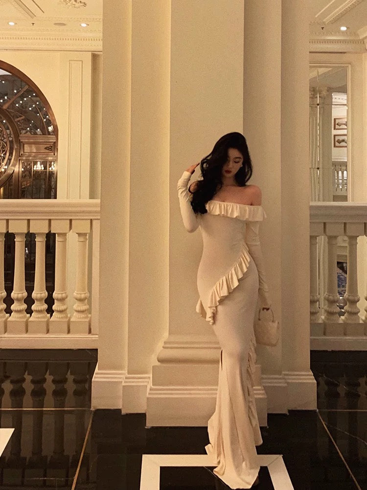 Sexy Mermaid Off The Shoulder White Long Sleeves Ankle Length Ruffle Prom Dresses Birthday Outfits