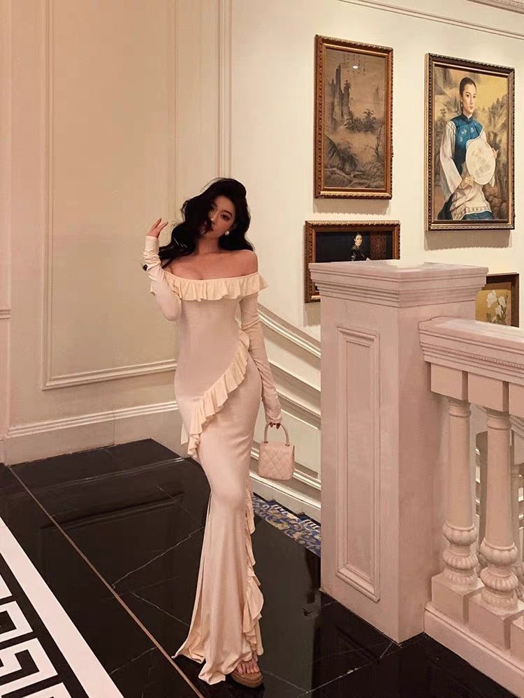Sexy Mermaid Off The Shoulder White Long Sleeves Ankle Length Ruffle Prom Dresses Birthday Outfits