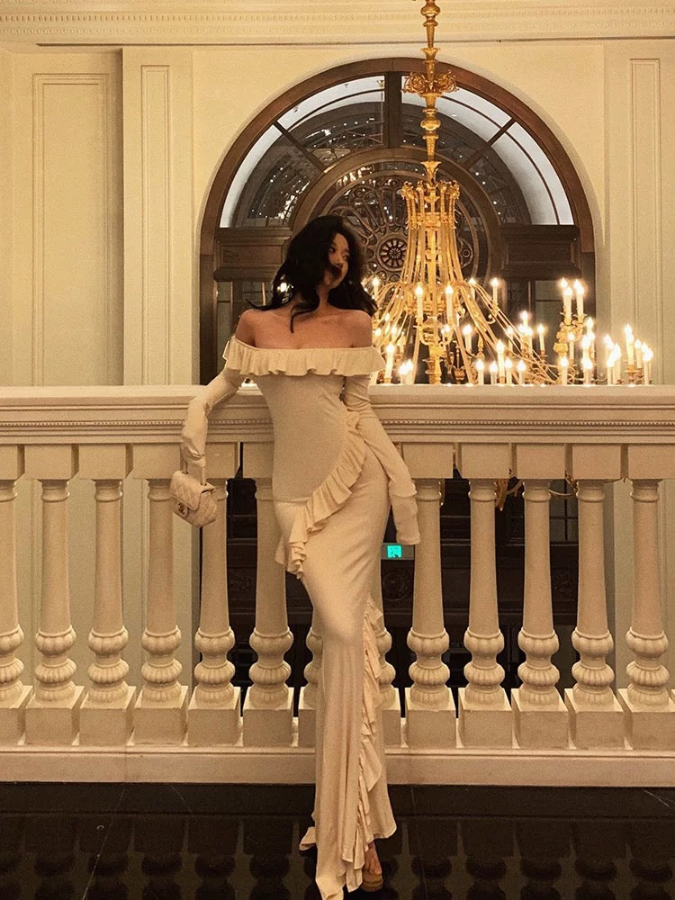 Sexy Mermaid Off The Shoulder White Long Sleeves Ankle Length Ruffle Prom Dresses Birthday Outfits