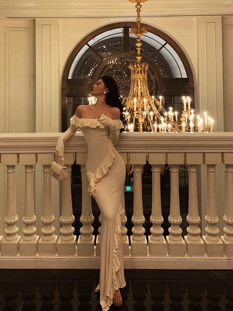 Sexy Mermaid Off The Shoulder White Long Sleeves Ankle Length Ruffle Prom Dresses Birthday Outfits