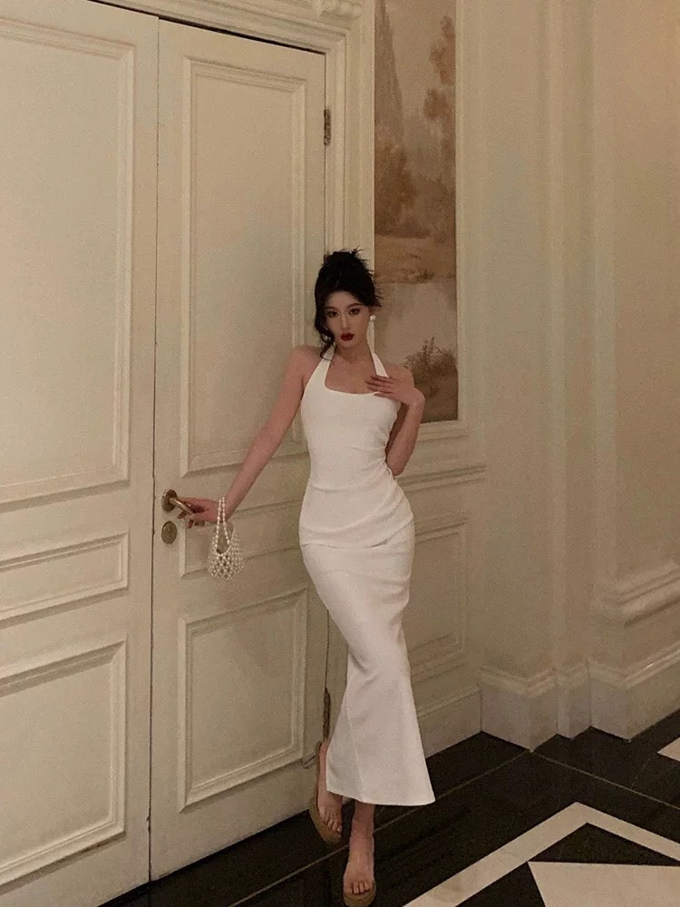 Sexy Sheath Halter Sleeveless White Tea Length Prom Dresses Birthday Outfits