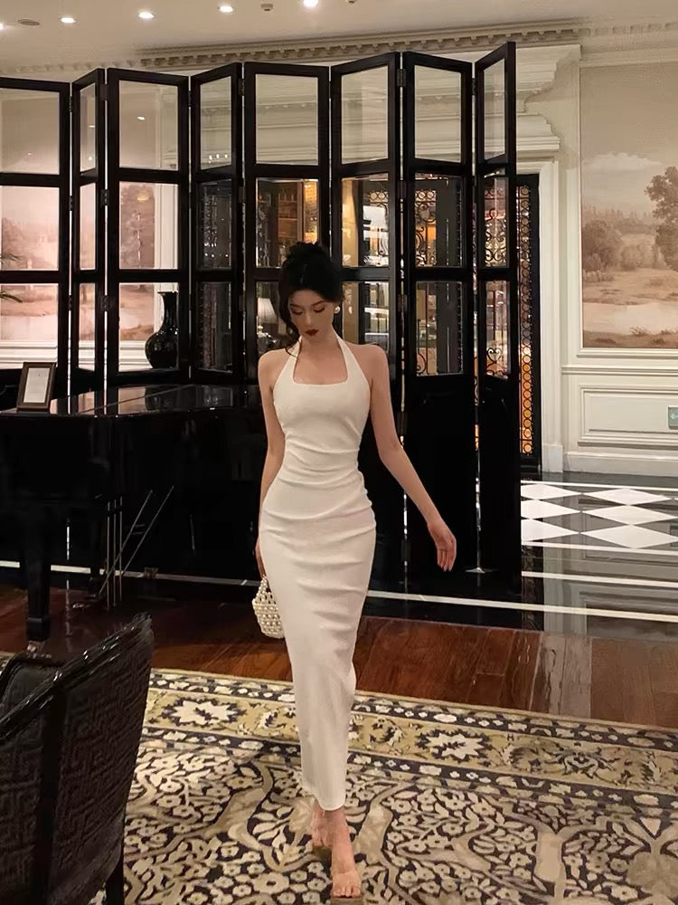 Sexy Sheath Halter Sleeveless White Tea Length Prom Dresses Birthday Outfits