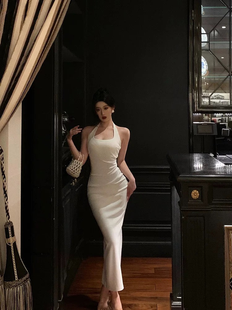 Sexy Sheath Halter Sleeveless White Tea Length Prom Dresses Birthday Outfits