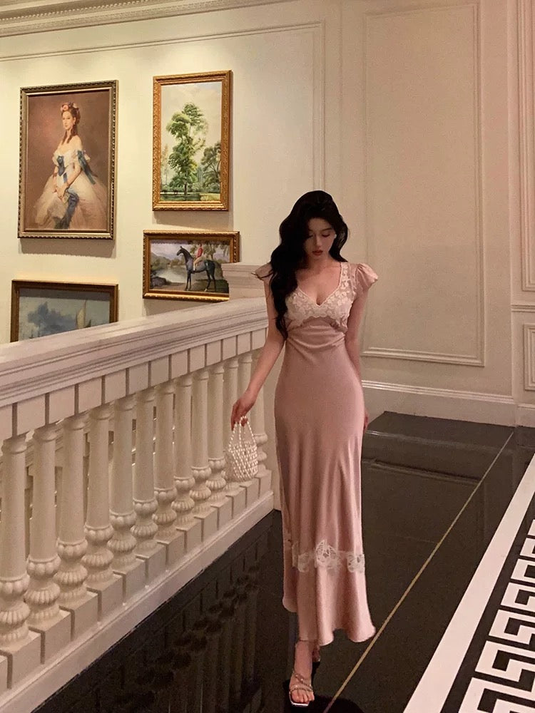 Sexy Sheath V Neckline Short Sleeves Pink Tea Length Prom Dresses Birthday Outfits