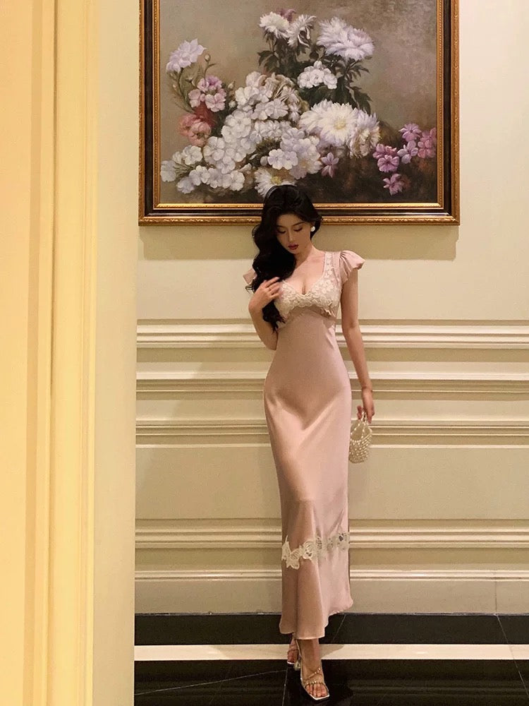 Sexy Sheath V Neckline Short Sleeves Pink Tea Length Prom Dresses Birthday Outfits