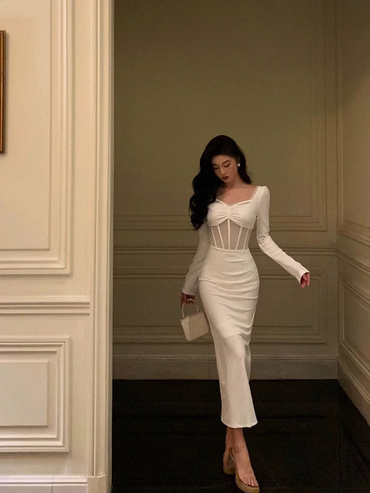 Sexy Sheath Long Sleeves White Tea Length Prom Dresses Birthday Outfits