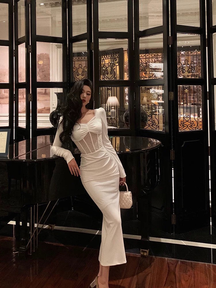 Sexy Sheath Long Sleeves White Tea Length Prom Dresses Birthday Outfits