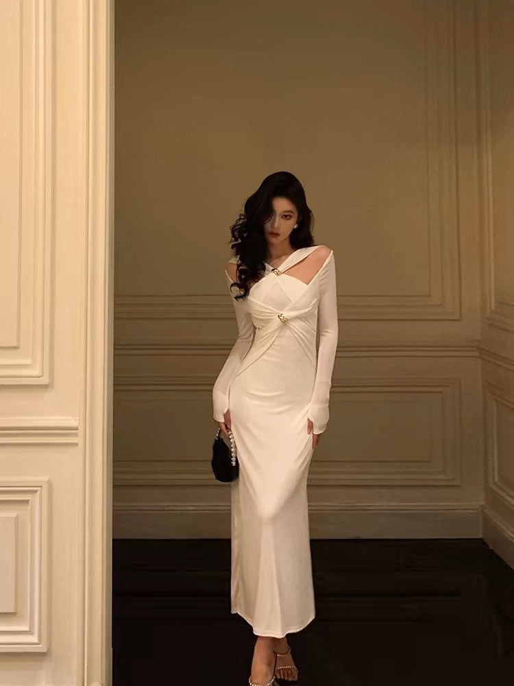 Gorgeous Mermaid Halter Long Sleeves Date Night Dress White Prom Dresses Birthday Outfits