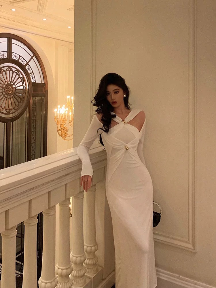 Gorgeous Mermaid Halter Long Sleeves Date Night Dress White Prom Dresses Birthday Outfits