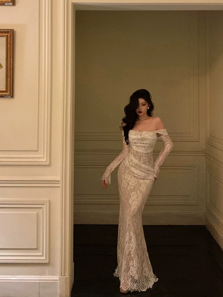 Gorgeous Mermaid Off The Shoulder Long Sleeves Date Night Dress White Prom Dresses Birthday Outfits