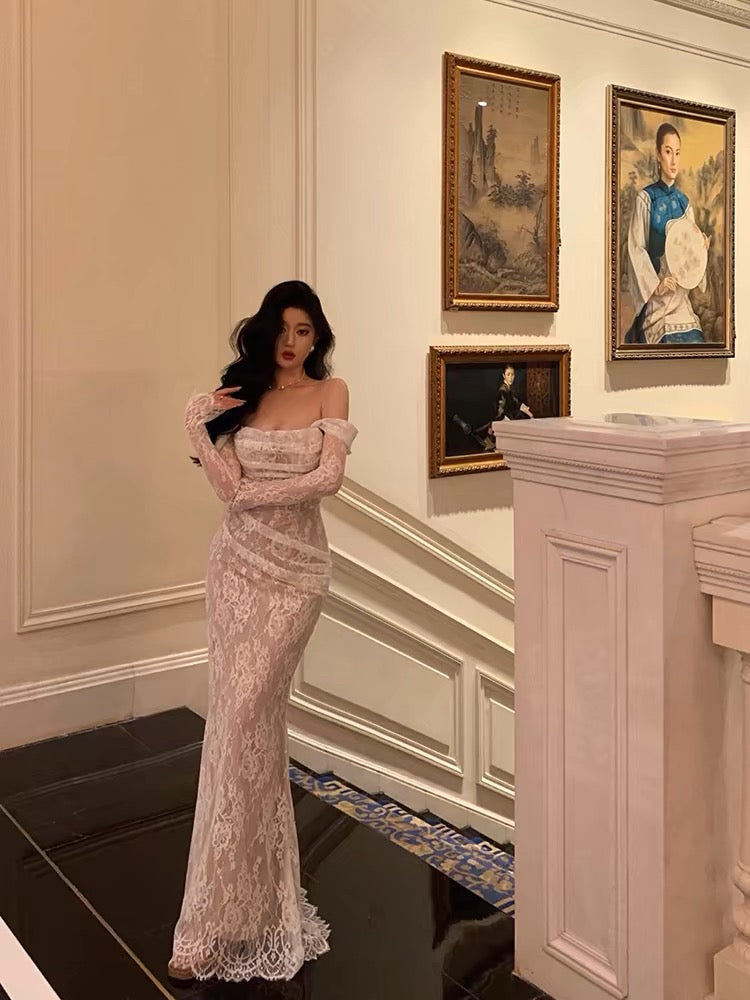 Gorgeous Mermaid Off The Shoulder Long Sleeves Date Night Dress White Prom Dresses Birthday Outfits