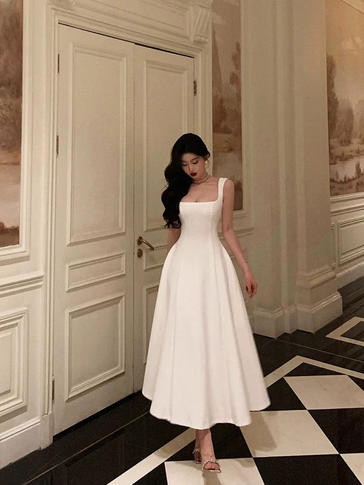 Sexy A Line Straps Sleeveless White Tea Length Prom Dresses Birthday Outfits