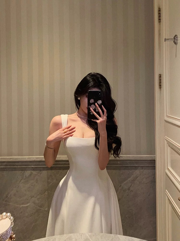 Sexy A Line Straps Sleeveless White Tea Length Prom Dresses Birthday Outfits