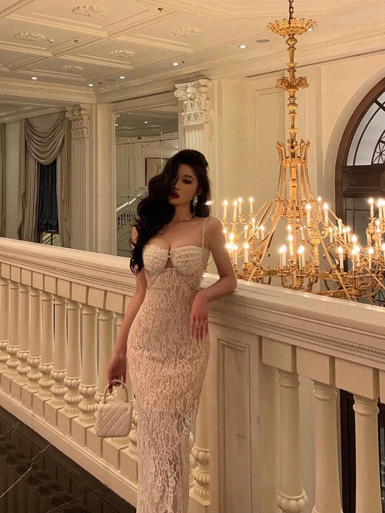 Gorgeous Mermaid Spaghetti Straps Sleeveless Date Night Dress White Lace Prom Dresses Birthday Outfits