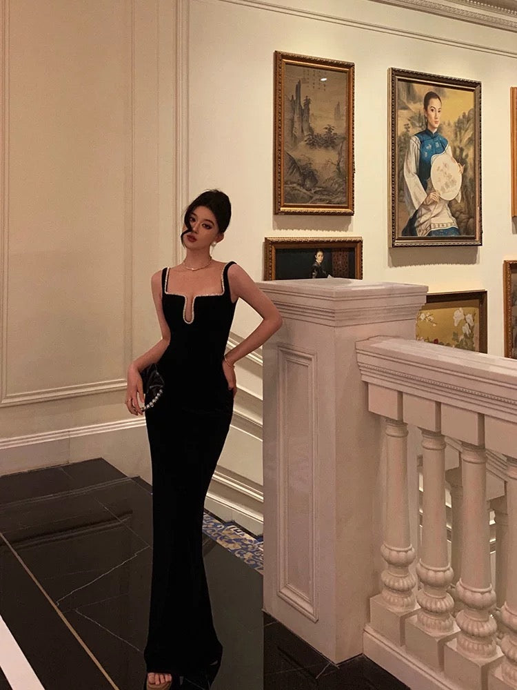 Sexy Sheath Spaghetti Straps Sleeveless Black Floor Length Prom Dresses Birthday Outfits