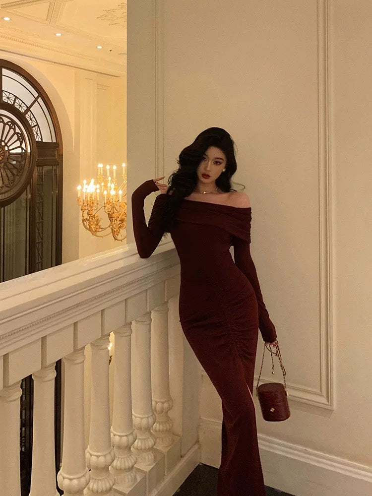 Gorgeous Mermaid Off The Shoulder Long Sleeves Date Night Dress Burgundy Prom Dresses Birthday Outfits