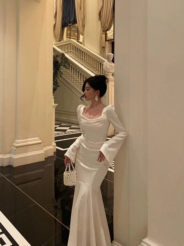 Gorgeous Mermaid Square Neckline Long Sleeves Date Night Dress White Prom Dresses Birthday Outfits
