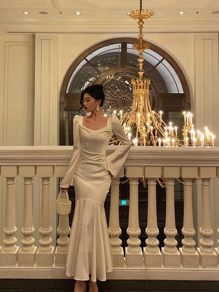 Gorgeous Mermaid Square Neckline Long Sleeves Date Night Dress White Prom Dresses Birthday Outfits