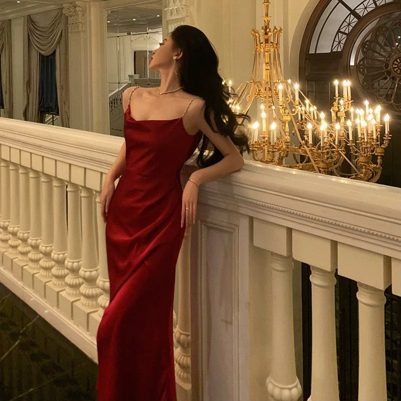 Sexy Sheath Spaghetti Straps Sleeveless Red Ankle Length Prom Dresses Birthday Outfits