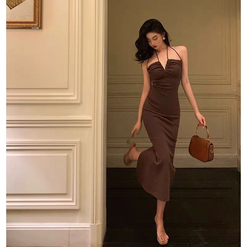 Sexy Sheath Spaghetti Straps Sleeveless Brown Ankle Length Prom Dresses Birthday Outfits