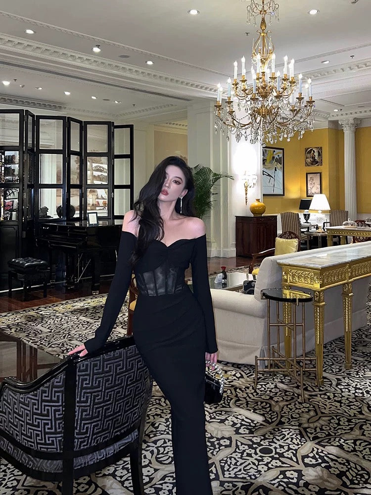 Gorgeous Mermaid Off The Shoulder Long Sleeves Date Night Dress Black Prom Dresses Birthday Outfits