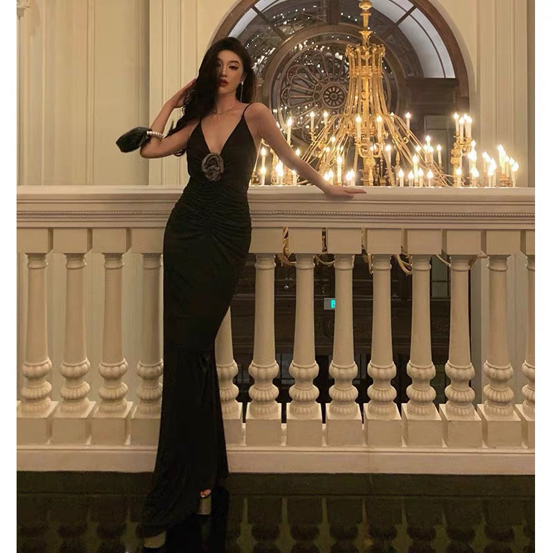 Sexy Sheath Spaghetti Straps Sleeveless Black Prom Dresses Birthday Outfits With Flower